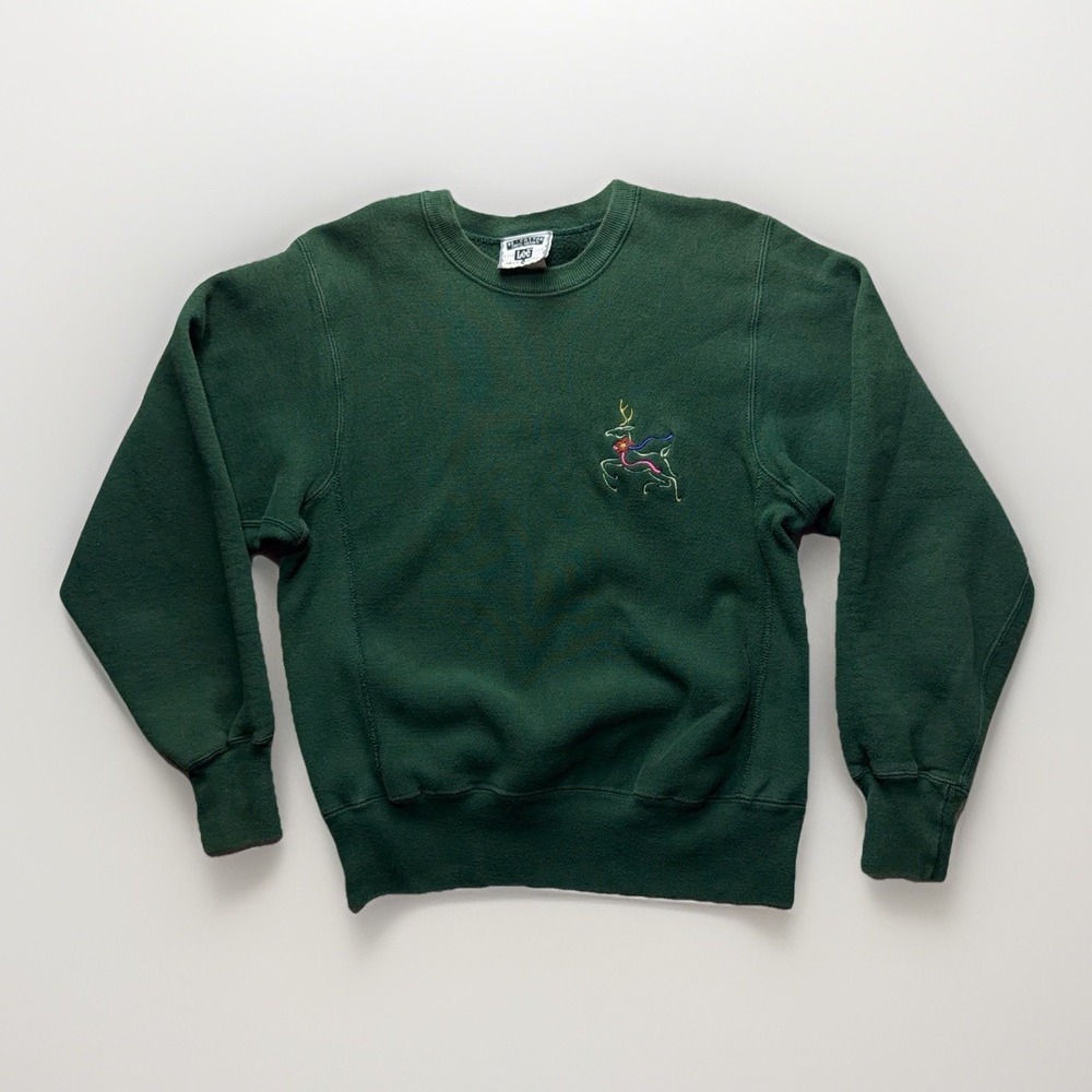 Vintage Lee Sweatshirt Mens M Green Embroidered Deer Pullover Crew Neck USA Made